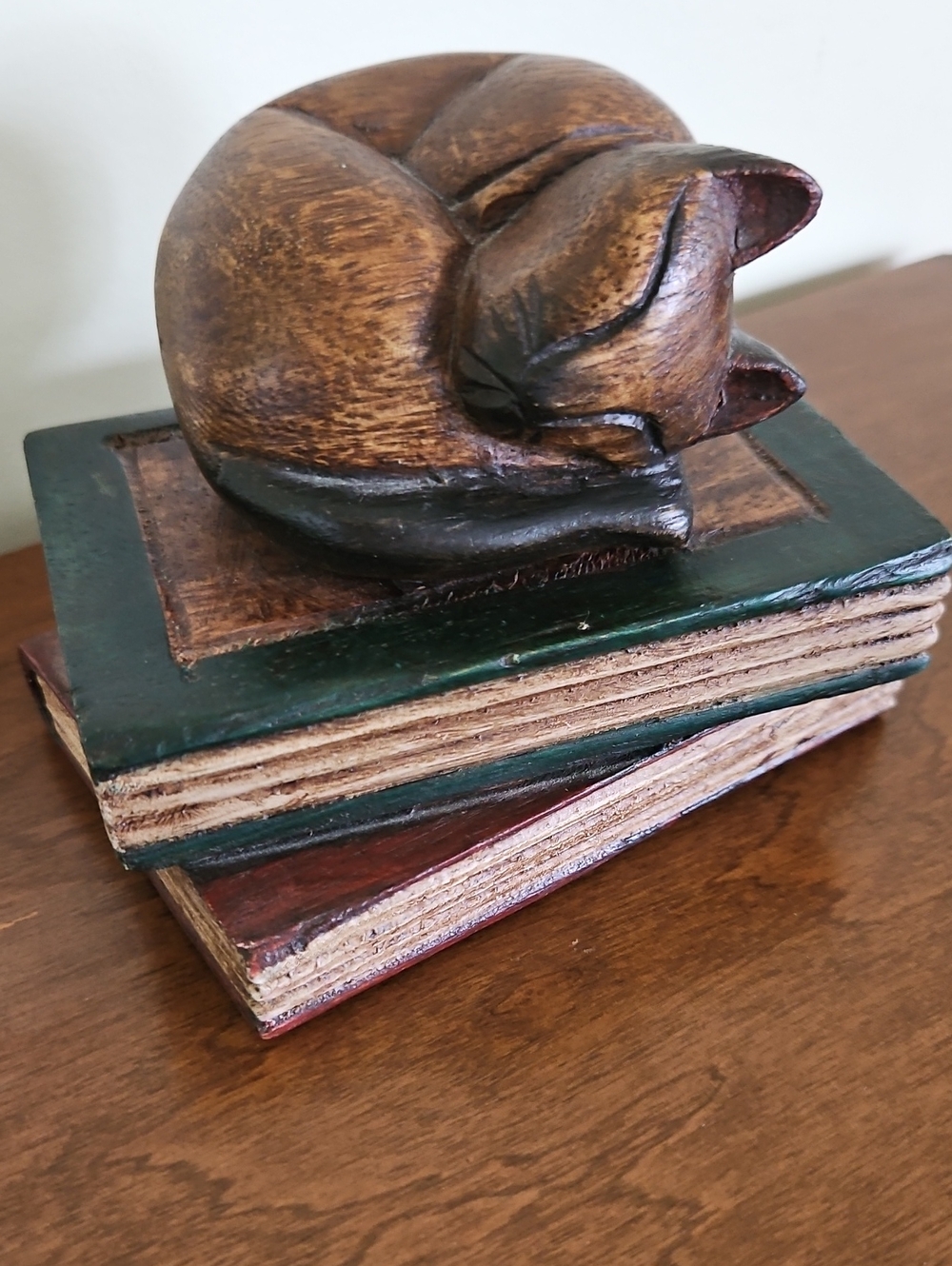 Vintage Hand Carved Wood Sleeping Cat on Books Paperweight - Mark Twain Museum
